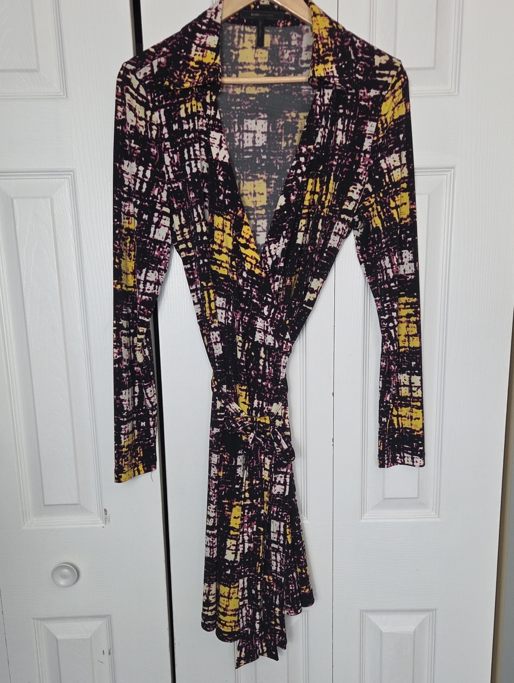 BCBGMaxAzria Black, Yellow & Pink Abstract Wrap Dress
